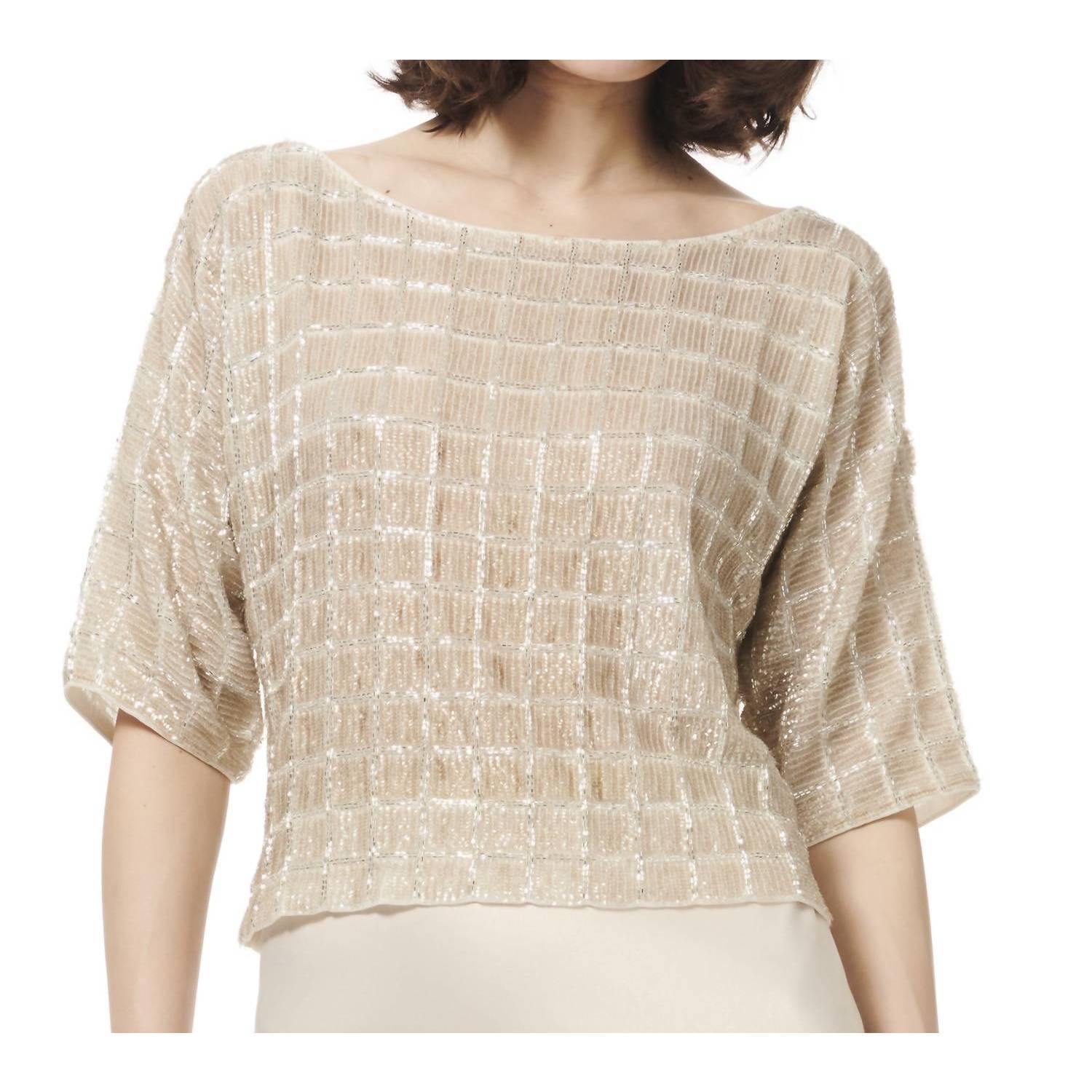 New Emily Shalant Grid Sequin Top In Ivory Silver